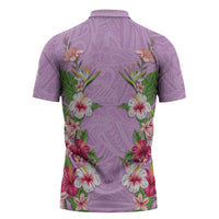Hawaii Tropical Flowers Zipper Polo Shirt Lavender Polynesian Tattoo Art