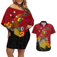 Personalized Papua New Guinea Couples Matching Off Shoulder Short Dress and Hawaiian Shirt Bird Of Paradise Hibiscus With Motuan Pattern LT05 Red - Polynesian Pride