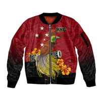 Personalized Papua New Guinea Sleeve Zip Bomber Jacket Bird Of Paradise Hibiscus With Motuan Pattern LT05 Unisex Red - Polynesian Pride