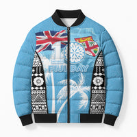 Personalised Fiji Day 2026 Bomber Puffer Jacket Masi Tapa Pattern With Palm Tree LT05 Unisex Blue - Polynesian Pride