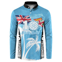 Personalised Fiji Day 2026 Button Sweatshirt Masi Tapa Pattern With Palm Tree LT05 Blue - Polynesian Pride