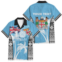 Personalised Fiji Day 2026 Family Matching Mermaid Dress and Hawaiian Shirt Masi Tapa Pattern With Palm Tree LT05 Dad's Shirt - Short Sleeve Blue - Polynesian Pride