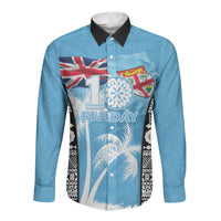 Personalised Fiji Day 2026 Long Sleeve Button Shirt Masi Tapa Pattern With Palm Tree LT05 Unisex Blue - Polynesian Pride
