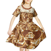 Personalized Fiji Spring Break Kid Short Sleeve Dress Fijian Tapa Pattern Brown LT05 - Polynesian Pride