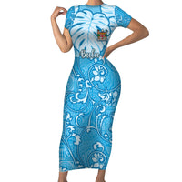 Personalized Fiji Spring Break Family Matching Short Sleeve Bodycon Dress and Hawaiian Shirt Fijian Tapa Pattern Blue LT05 Mom's Dress Blue - Polynesian Pride