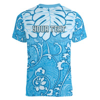 Personalized Fiji Spring Break Women V Neck T Shirt Fijian Tapa Pattern Blue LT05 - Polynesian Pride