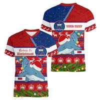 Personalized Samoa Christmas Women V Neck T Shirt Santas Whale Manuia Le Kerisimasi LT05 - Polynesian Pride