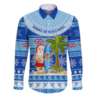Personalized Fiji Christmas Family Matching Off Shoulder Maxi Dress and Hawaiian Shirt Santa Claus Surf Marau Na Kerisimasi LT05 Dad's Shirt - Long Sleeve Blue - Polynesian Pride