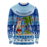 Personalized Fiji Christmas Long Sleeve Shirt Santa Claus Surf Marau Na Kerisimasi LT05 Unisex Blue - Polynesian Pride