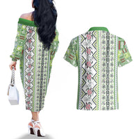Hawaii Makahiki Turtle Couples Matching Off The Shoulder Long Sleeve Dress and Hawaiian Shirt Green Tapa Pattern - Polynesian Pride