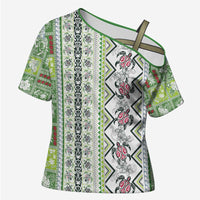 Hawaii Makahiki Turtle Cross Shoulder Shirt Green Tapa Pattern - Polynesian Pride