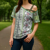Hawaii Makahiki Turtle Cross Shoulder Shirt Green Tapa Pattern - Polynesian Pride