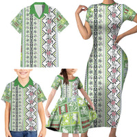 Hawaii Makahiki Turtle Family Matching Short Sleeve Bodycon Dress and Hawaiian Shirt Green Tapa Pattern - Polynesian Pride
