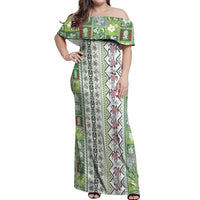 Hawaii Makahiki Turtle Off Shoulder Maxi Dress Green Tapa Pattern - Polynesian Pride