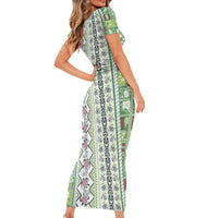 Hawaii Makahiki Turtle Short Sleeve Bodycon Dress Green Tapa Pattern - Polynesian Pride