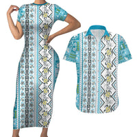 Hawaii Makahiki Turtle Couples Matching Short Sleeve Bodycon Dress and Hawaiian Shirt Blue Tapa Pattern - Polynesian Pride