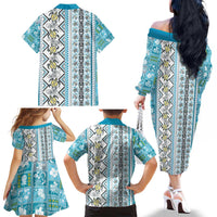 Hawaii Makahiki Turtle Family Matching Off The Shoulder Long Sleeve Dress and Hawaiian Shirt Blue Tapa Pattern - Polynesian Pride