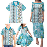 Hawaii Makahiki Turtle Family Matching Puletasi and Hawaiian Shirt Blue Tapa Pattern - Polynesian Pride