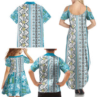 Hawaii Makahiki Turtle Family Matching Summer Maxi Dress and Hawaiian Shirt Blue Tapa Pattern - Polynesian Pride