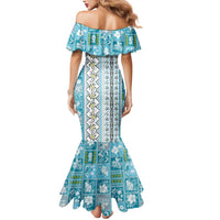 Hawaii Makahiki Turtle Mermaid Dress Blue Tapa Pattern - Polynesian Pride