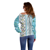 Hawaii Makahiki Turtle Off Shoulder Sweater Blue Tapa Pattern - Polynesian Pride
