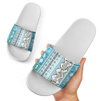 Hawaii Makahiki Turtle Slide Sandals Blue Tapa Pattern - Polynesian Pride