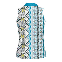 Hawaii Makahiki Turtle Women Sleeveless Polo Shirt Blue Tapa Pattern - Polynesian Pride