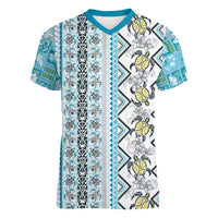 Hawaii Makahiki Turtle Women V-Neck T-Shirt Blue Tapa Pattern - Polynesian Pride
