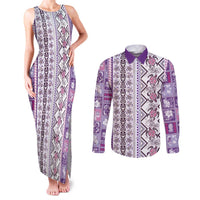 Hawaii Makahiki Turtle Couples Matching Tank Maxi Dress and Long Sleeve Button Shirt Violet Tapa Pattern - Polynesian Pride