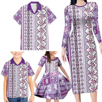 Hawaii Makahiki Turtle Family Matching Long Sleeve Bodycon Dress and Hawaiian Shirt Violet Tapa Pattern - Polynesian Pride