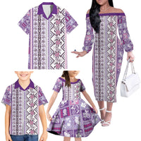 Hawaii Makahiki Turtle Family Matching Off The Shoulder Long Sleeve Dress and Hawaiian Shirt Violet Tapa Pattern - Polynesian Pride