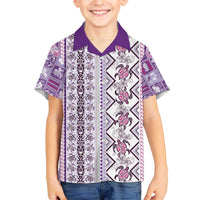 Hawaii Makahiki Turtle Family Matching Off The Shoulder Long Sleeve Dress and Hawaiian Shirt Violet Tapa Pattern - Polynesian Pride