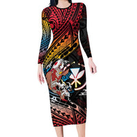 Hawaii And Japan Long Sleeve Bodycon Dress Koi Fish With Kanaka Maoli