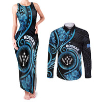 Personalised Kosrae Constitution Day Couples Matching Tank Maxi Dress and Long Sleeve Button Shirt Ocean Floral Pattern LT05 Black - Polynesian Pride