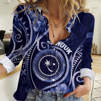 Personalised FSM Chuuk Women Casual Shirt Ocean Floral Pattern LT05 Female Navy - Polynesian Pride