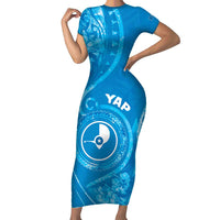 Personalised FSM Yap Short Sleeve Bodycon Dress Ocean Floral Pattern LT05 Long Dress Blue - Polynesian Pride