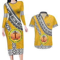 Personalised Anastasis College Couples Matching Long Sleeve Bodycon Dress and Hawaiian Shirt Tonga Unique Style LT05 Yellow - Polynesian Pride