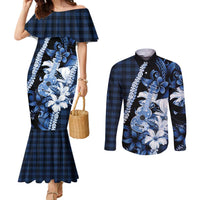 Hawaii Ukulele Couples Matching Mermaid Dress and Long Sleeve Button Shirt Tropical Flowers With Palaka Effect Blue Version - Polynesian Pride