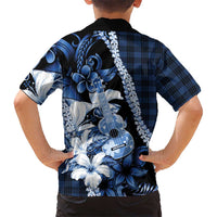 Hawaii Ukulele Family Matching Off Shoulder Short Dress and Hawaiian Shirt Tropical Flowers With Palaka Effect Blue Version - Polynesian Pride
