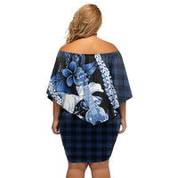 Hawaii Ukulele Family Matching Off Shoulder Short Dress and Hawaiian Shirt Tropical Flowers With Palaka Effect Blue Version - Polynesian Pride