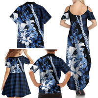 Hawaii Ukulele Family Matching Summer Maxi Dress and Hawaiian Shirt Tropical Flowers With Palaka Effect Blue Version - Polynesian Pride