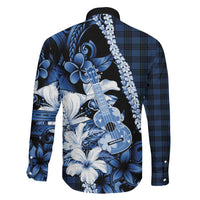 Hawaii Ukulele Family Matching Tank Maxi Dress and Hawaiian Shirt Tropical Flowers With Palaka Effect Blue Version - Polynesian Pride
