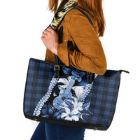 Hawaii Ukulele Leather Tote Bag Tropical Flowers With Palaka Effect Blue Version - Polynesian Pride