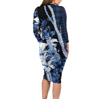 Hawaii Ukulele Long Sleeve Bodycon Dress Tropical Flowers With Palaka Effect Blue Version LT05 - Polynesian Pride