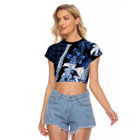 Hawaii Ukulele Raglan Cropped T Shirt Tropical Flowers With Palaka Effect Blue Version - Polynesian Pride