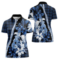 Hawaii Ukulele Women Polo Shirt Tropical Flowers With Palaka Effect Blue Version - Polynesian Pride