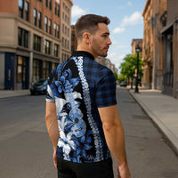 Hawaii Ukulele Zipper Polo Shirt Tropical Flowers With Palaka Effect Blue Version - Polynesian Pride