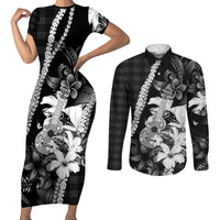 Hawaii Ukulele Couples Matching Short Sleeve Bodycon Dress and Long Sleeve Button Shirt Tropical Flowers With Palaka Effect Black Version - Polynesian Pride