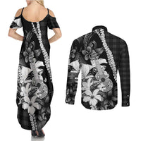 Hawaii Ukulele Couples Matching Summer Maxi Dress and Long Sleeve Button Shirt Tropical Flowers With Palaka Effect Black Version - Polynesian Pride