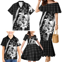 Hawaii Ukulele Family Matching Mermaid Dress and Hawaiian Shirt Tropical Flowers With Palaka Effect Black Version - Polynesian Pride